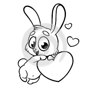 Funny cute outlined bunny with heart love vector cartoon. Coloring illustration