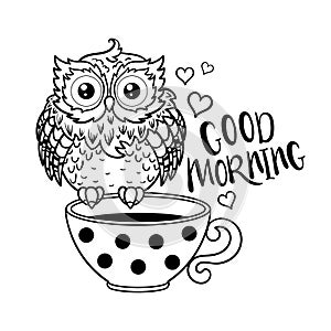 Funny. cute owl with a cup of coffee. Cartoon character. Black outline on a white background. Vector