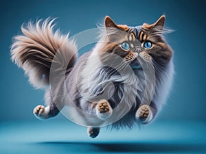 Funny cute Persian cat jump on soft blue studio background. ai generative