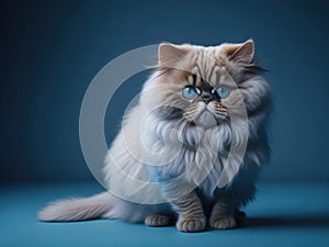 Funny cute Persian cat sit on soft blue studio background. ai generative