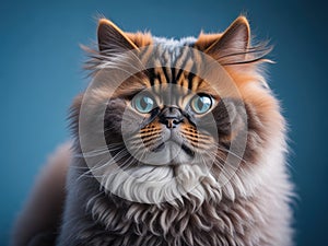 Funny cute Persian cat smile on soft blue studio background. ai generative