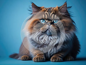 Funny cute Persian cat smile on soft blue studio background. ai generative