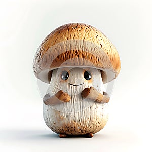 funny cute porcini mushroom with hands and eyes, 3d illustration on a white background,