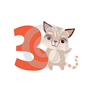 Funny cute raccoon animal and number three, birthday anniversary, learn to count concept cartoon vector Illustration