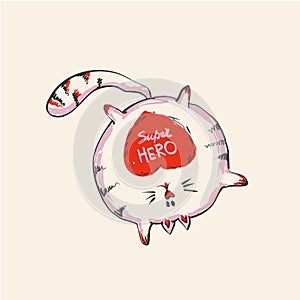 Funny cute round cat with word SUPER HERO staying on one hand , fashion print or web vector design