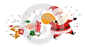 Funny cute Santa Claus character with bag full of presents, tiger and elf with gift box walk isolated.