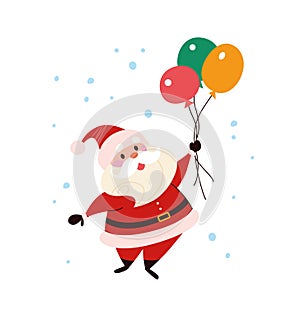 Funny cute Santa Claus character with balloons and snowflakes flying isolated.