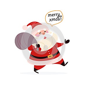 Funny cute Santa Claus character carry bag full of gift boxes isolated.