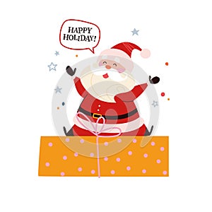 Funny cute Santa Claus character sit on big gift box celebrating happy holiday isolated.