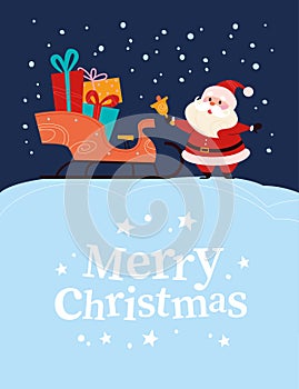 Funny cute Santa Claus character with sleigh full of gift boxes isolated.