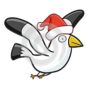 Funny and cute seagull wearing Santa`s hat and smiling in doodle style