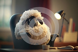 A funny and cute sheep sitting in an executive office chair