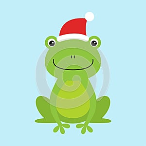 Funny and cute sitting frog wearing Santa s hat for Christmas and smiling -