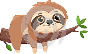 Funny Cute Sloth Cartoon Character Lies On Thick Branch Of Tree