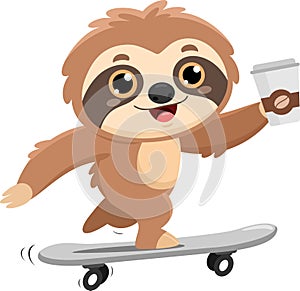 Funny Cute Sloth Cartoon Character Skateboarding With Coffee