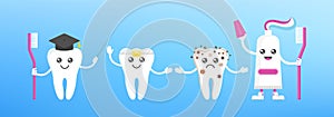 Funny cute smile and sad teeth characters. Dental health. photo