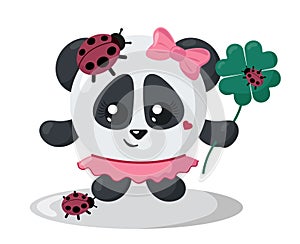 Funny cute smiling panda with round body and ladybugs holding four leaf good luck clover