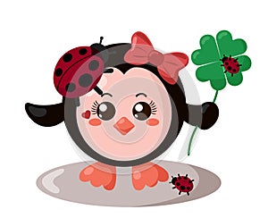 Funny cute smiling penguin with round body and ladybugs holding four leaf good luck clover in flat design with shadows