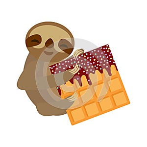 Funny and cute smiling Three-toed sloth with Belgian waffle with chocolate and sprinkle on white background. Vector