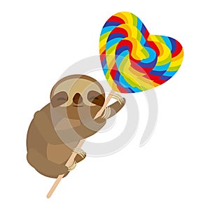 Funny and cute smiling Three-toed sloth with bright lollipop on white background. Vector