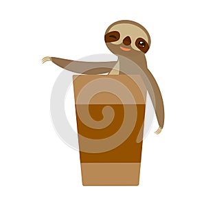 Funny and cute smiling Three-toed sloth with a cup of coffee on white background. Vector