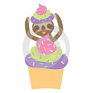 Funny and cute smiling Three-toed sloth with cupcake with pink green lilac cream and sprinkles on white background. Vector