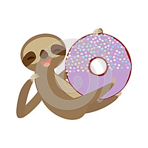 Funny and cute smiling Three-toed sloth with donut with purple icing and sprinkles on white background. Vector