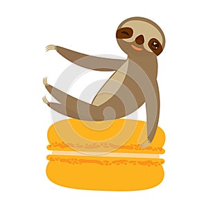 Funny and cute smiling Three-toed sloth with macaroon on white background. Vector