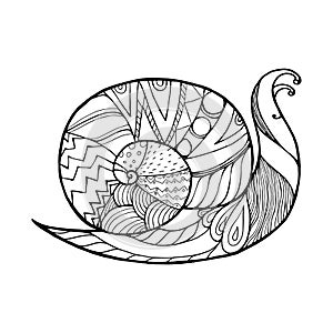 funny cute snail consisting of patterns and lines, coloring book for adults and children, black and white vector