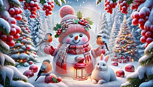 Funny cute snowman in red hat and scarf in winter snow forest with birds and white hare. Christmas or New Year card