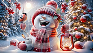 Funny cute snowman in red hat and scarf in winter snow forest with birds and white hare. Christmas or New Year card