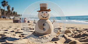 Funny and cute Snowman on the sea or ocean, Christmas Eve. A photo for a postcard. Generative AI