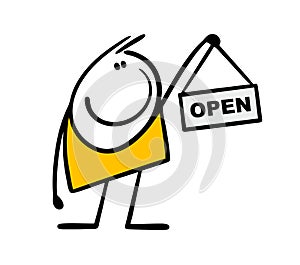 Funny cute stickman holds a sign with the inscription open in his hand. Vector illustration of doodle boy attracts