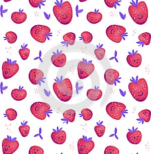 Funny cute strawberry seamless pattern background with berries, leaves