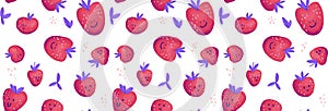 Funny cute strawberry seamless pattern background with berries, leaves