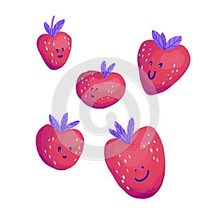 Funny cute strawberry set with berries, leaves