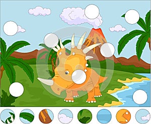 Funny cute styracosaurus on the background of a prehistoric nature. Complete the puzzle and find the missing parts of the picture photo