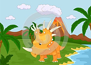 Funny cute styracosaurus on the background of a prehistoric nature