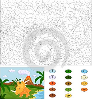 Funny cute styracosaurus on the background of a prehistoric nature. Color by number educational game for kids