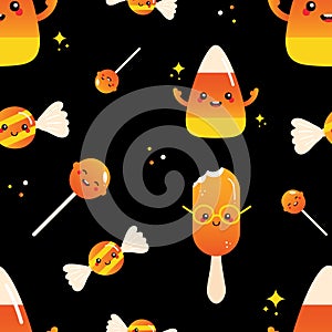 Funny and cute sweets, candy corn, ice cream, lollipop characters vector seamless pattern background for Halloween