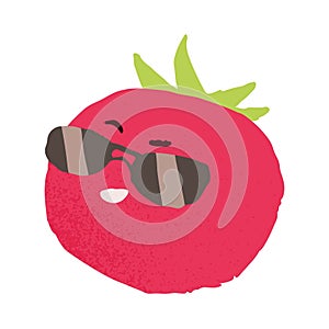 Funny cute tomato character in sunglasses. Happy cool vegetable in summer sun glasses smiling. Amusing comic food, macho