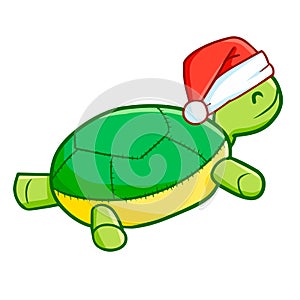 Funny and cute turtle doll wearing Santa`s hat for Christmas