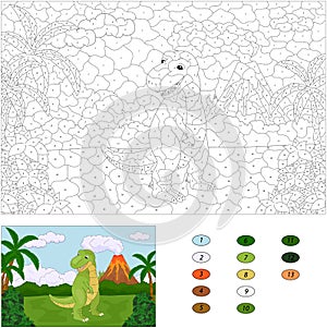 Funny cute tyrannosaurus on the background of a prehistoric nature. Color by number educational game for kids