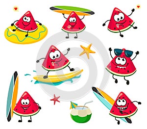 Funny and cute watermelons in a cartoon style kawaii, perfect for prints of children`s clothing, stickers, decor and the