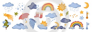 Funny and cute weather icons, rainbow and rain