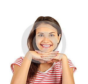 Funny cute young girl smiling and looking at camera. emotional girl isolated on white background