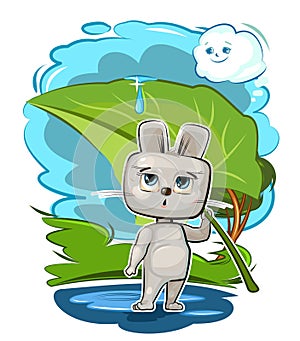 Funny cutelittle hare hides from the rain under a burdock. The cloud smiles. Naive Kid is an animal. Illustration for
