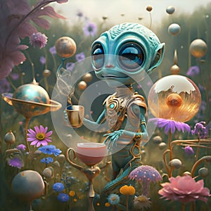 funny cutest alien with huge eyes in golden dress drinking a tea around blossom flowers. close up. Ai generated