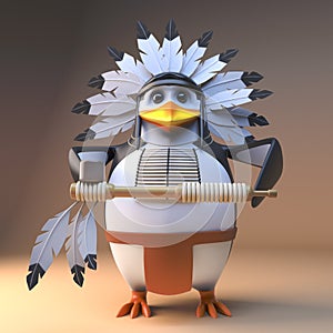 Funny 3d native American Indian penguin chieftain in traditional feathered headdress holding a peace pipe, 3d illustration photo