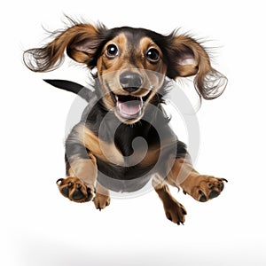 Funny Dachshund Dog Jumping In Flight On White Background